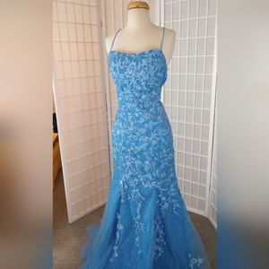 Blue Lace Fitted Pageant Dress Open Back 6